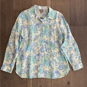 J Jill NWT 100% Linene Button Up Blouse Top sz S thin Blue Floral Grandmacore